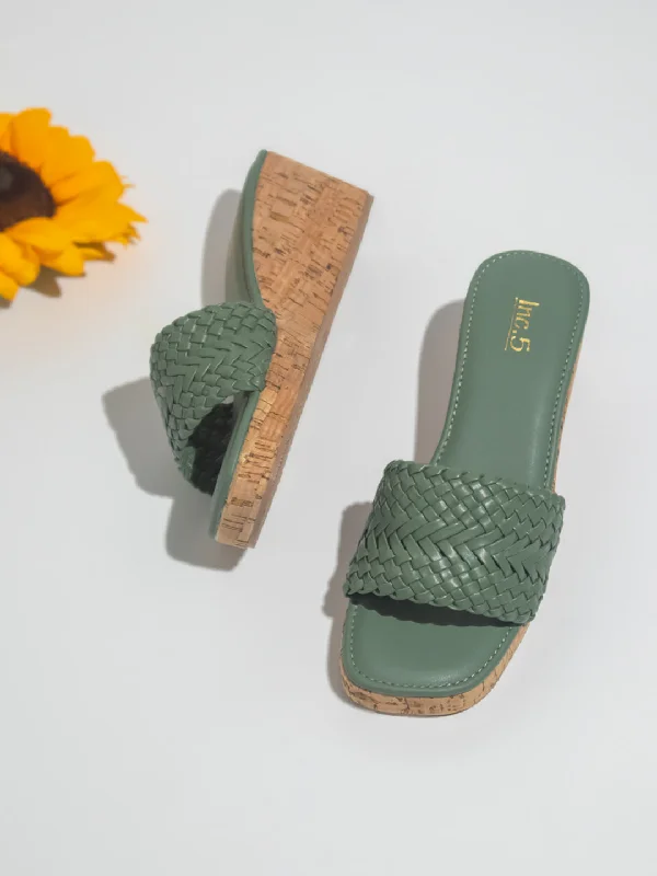 Slip-on sandals for women with adjustable straps and flexible material for comfort-Women Green Textured Open Toe Wedge Heels