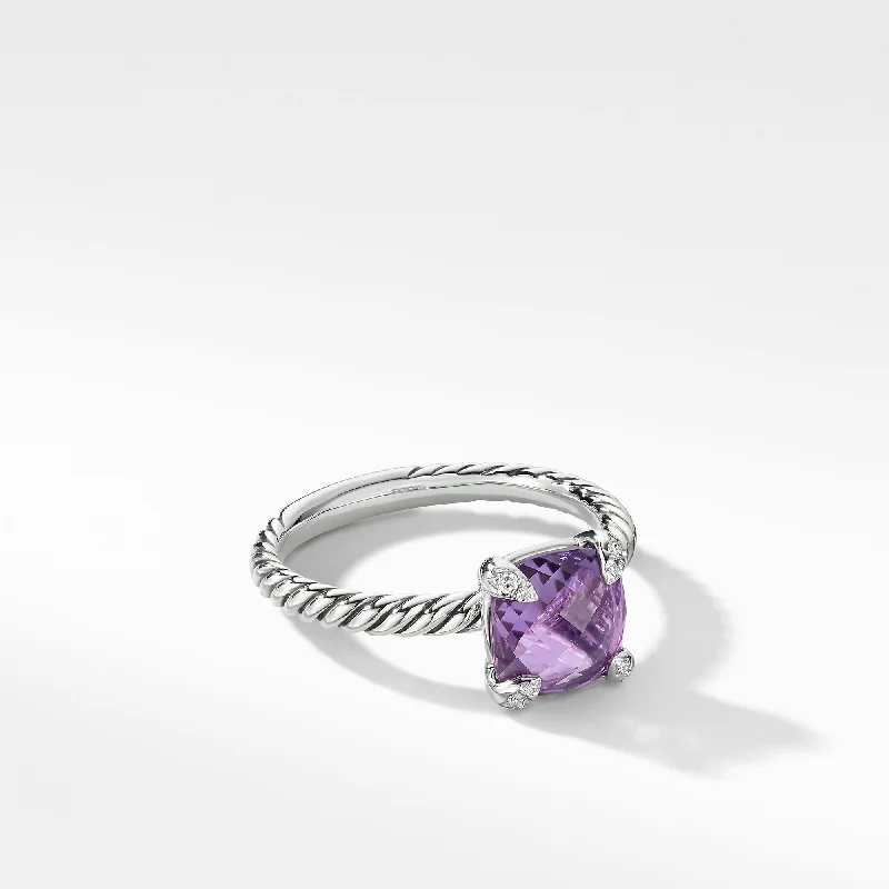 Rose gold rings featuring delicate pearl inlays -Châtelaine® Ring with Amethyst and Diamonds, Size 6