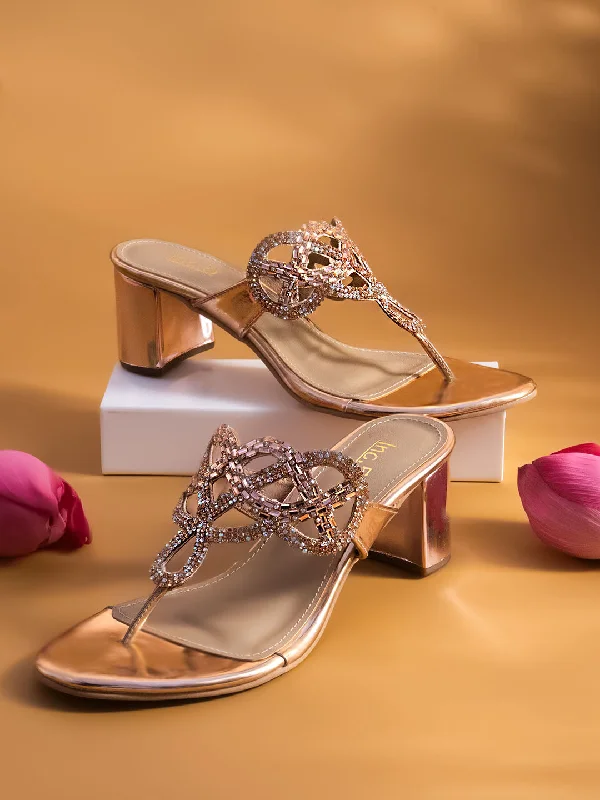 Comfortable sandals for women with adjustable Velcro straps for a perfect fit-Women Rose Gold Embellished Ethnic Block Heels