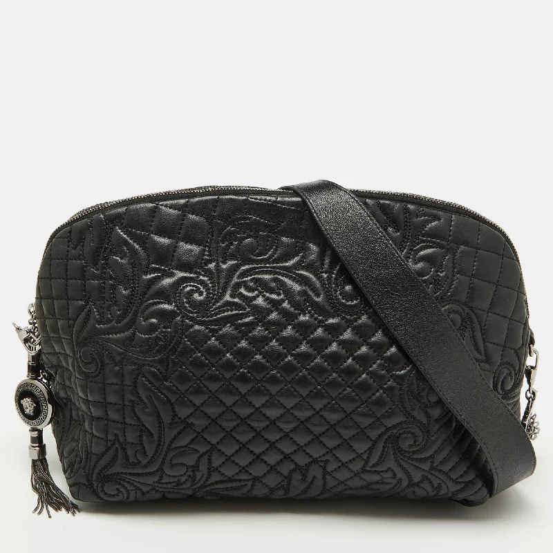 Handle bags with elegant gold-tone hardware -Versace Black Leather Quilted Embroidered Zip Satchel