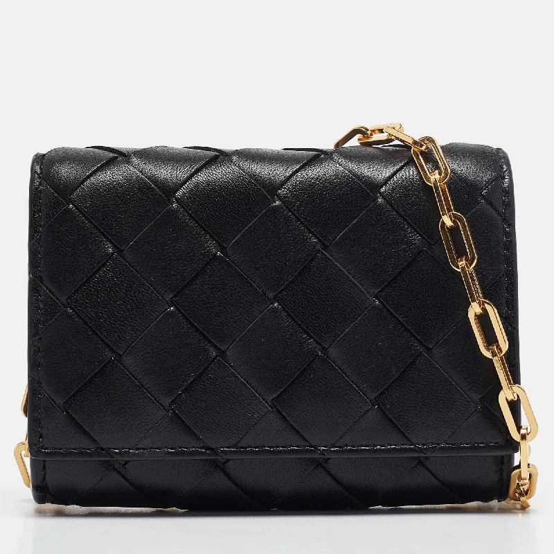 Handle bags with sleek zippers for closure -Bottega Veneta Black Intrecciato Leather Trio Card Case On Chain