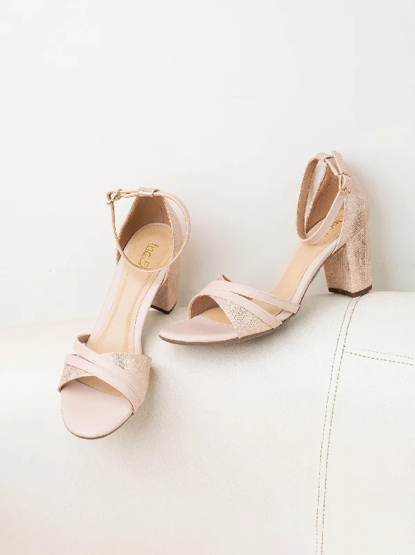 Trendy sandals for men with fabric straps and casual design for laid-back style-Women Peach Textured Ankle Loop Block Heels With Buckles