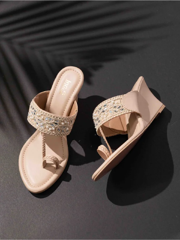 Elegant sandals for women with rhinestone detailing and wedge heels for dressy events-Womens Beige Ethnic Embellished Round Toe Heels