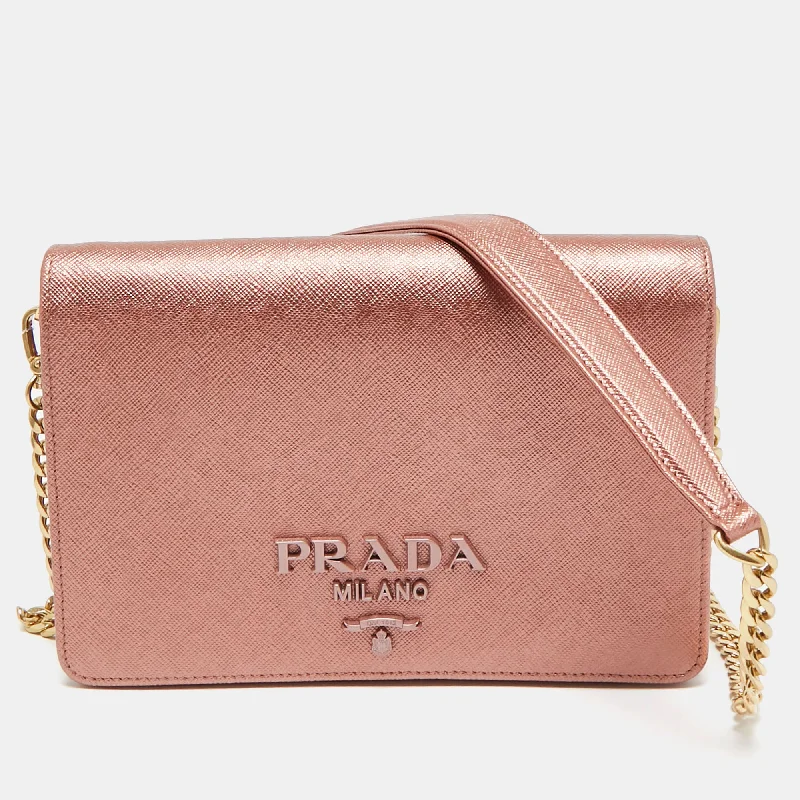 Handle bags with hidden pockets for security -Prada Rose Gold Saffiano Lux Leather Flap Clutch Bag