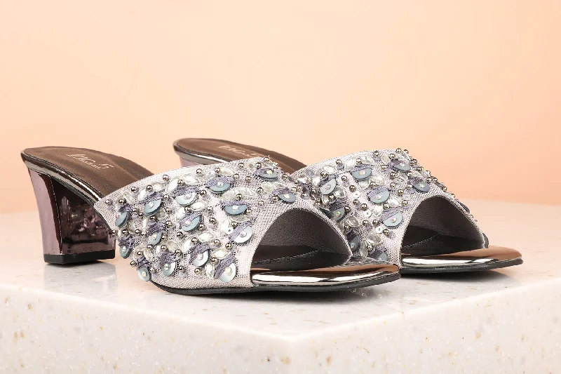 Comfortable sandals for women with memory foam footbed for all-day wear-Women Pewter Embellished Party Block Heels