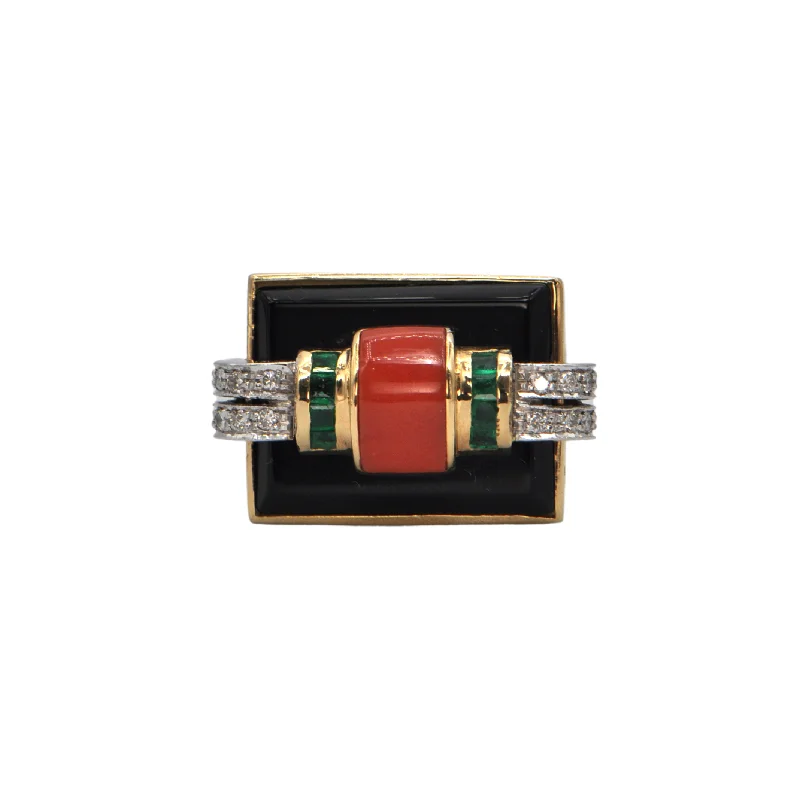 Rings with polished tourmaline for vibrant shine -Mid-Century Diamond, Emerald, Coral and Onyx 18K Gold Ring