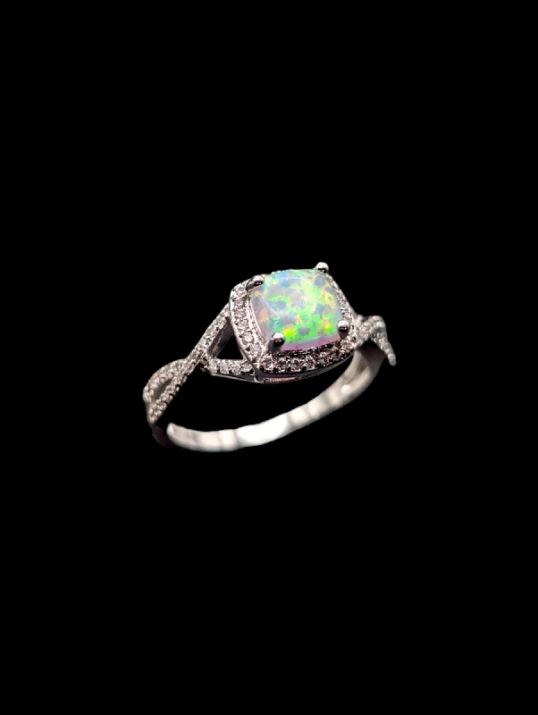 Rings with herkimer diamonds for raw clarity -Vintage Simulated Opal and Simulated Diamonds Halo Silver Toned Costume Ring