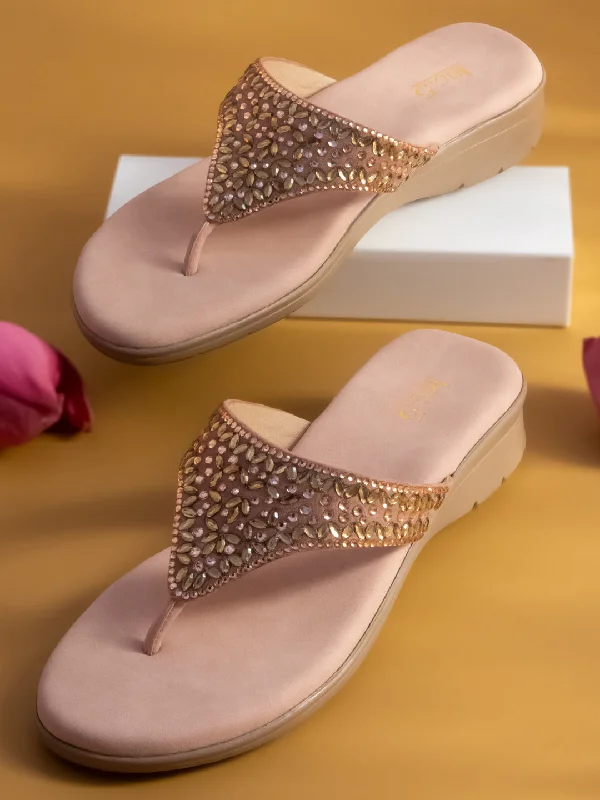 Stylish sandals for women with platform soles and trendy ankle straps-Women Rose Gold Embellished Ethnic Comfort Heels