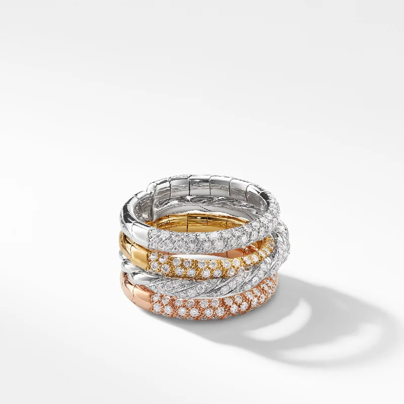 Rings with wave patterns for ocean vibes -Pavéflex Four Row Ring with Diamonds in 18K Gold, Size 6-7