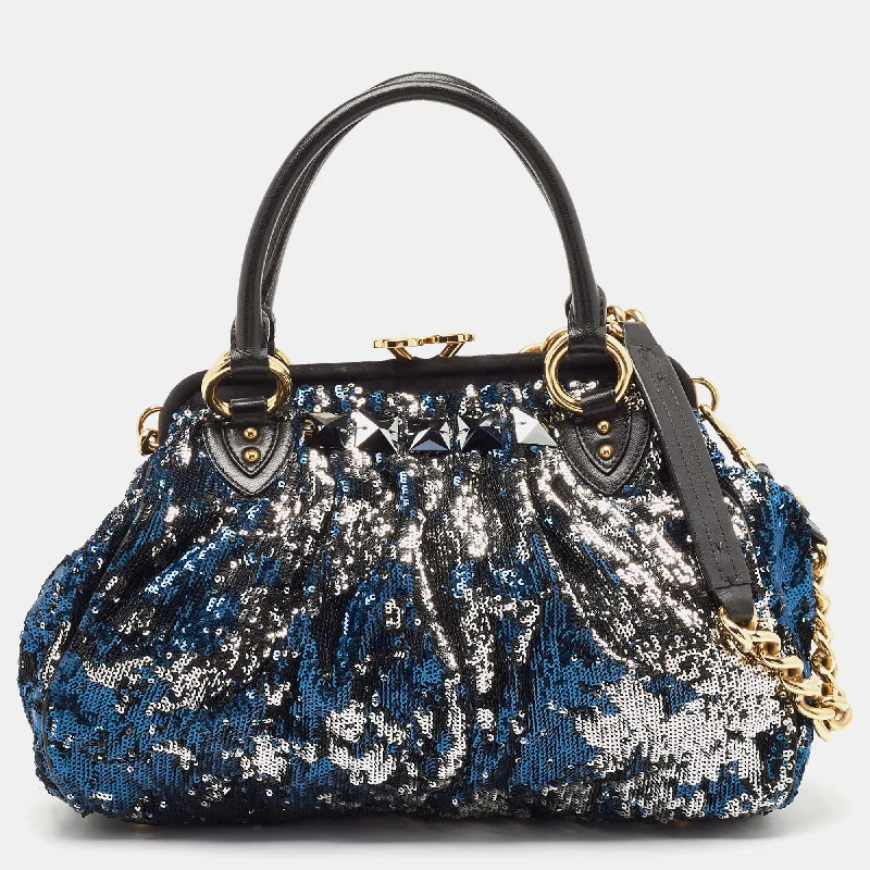 Vegan leather handle bags for eco-friendly chic -Marc Jacobs Black/blue Sequin Suede And Leather New York Rocker Stam Satchel