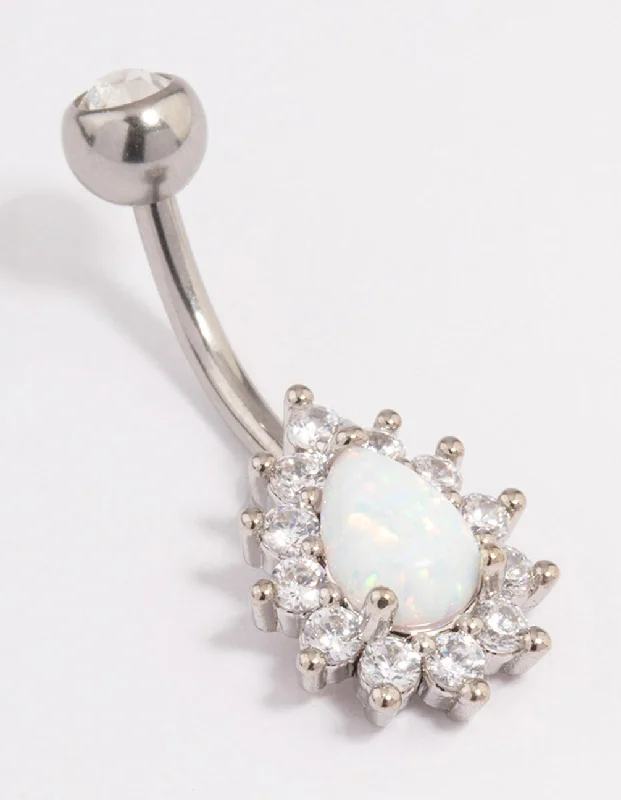 Rings with wave patterns for ocean vibes -Surgical Steel Opal & Diamante Teardrop Belly Ring