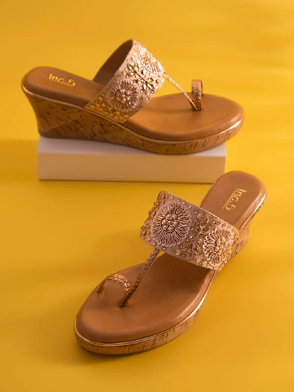 Comfortable sandals for women with Velcro straps and cushioned sole for everyday wear-Women Rose Gold Ethnic Embellished Wedges Heels