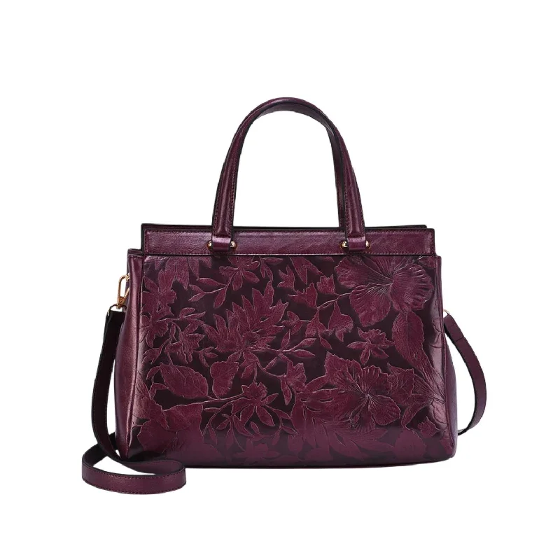 Handle bags with bright accents for pop -3D Embossed Floral Satchel In Plum