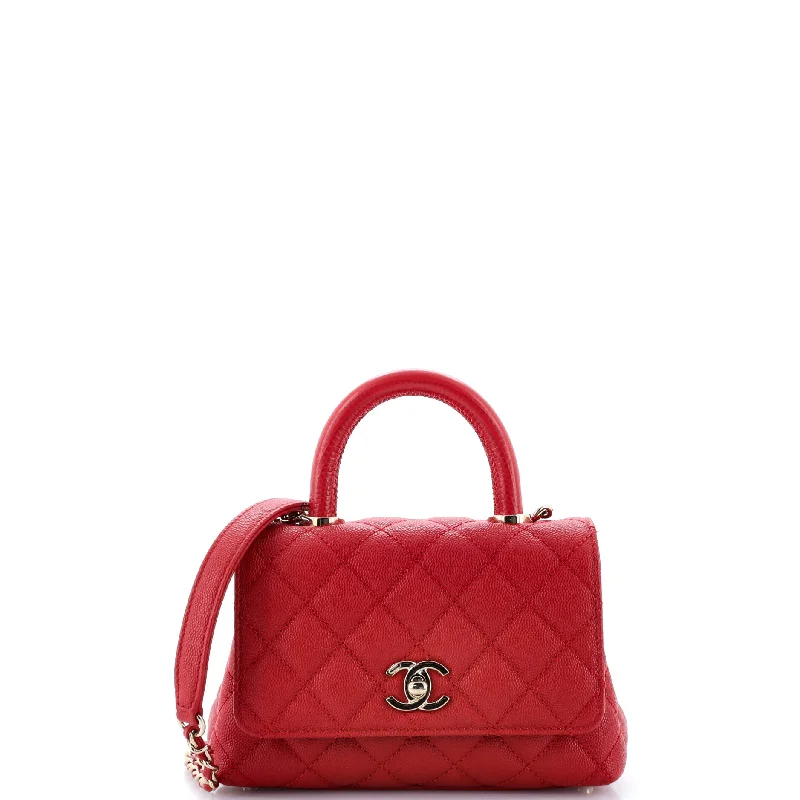 Handle bags with vintage clasps for nostalgia -Coco Top Handle Bag Quilted Caviar with Lizard Embossed Handle Extra Mini