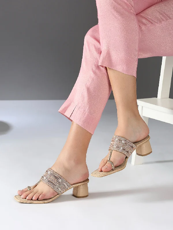 Comfortable sandals for women with cross-over straps and padded footbed for support-Women Rose Gold Embellished One Toe Block Heels