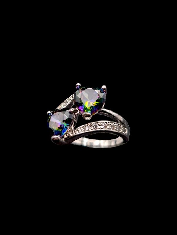 Rings with vintage claw prongs for elegance -Vintage Simulated Mystic Topaz Hearts and Simulated Diamonds 925 Silver Costume Ring