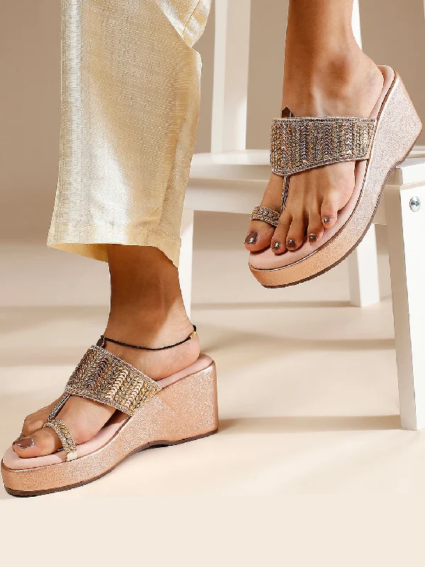 Slip-on sandals for women with adjustable straps and flexible material for comfort-Women Rose Gold Embellished One Toe Wedge Heels