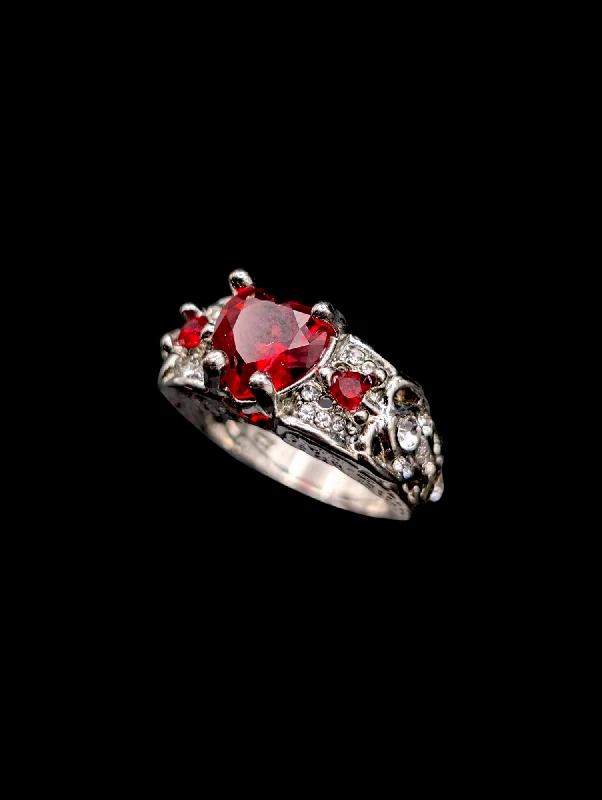 Rings with hematite for sleek metallic sheen -Vintage Simulated Ruby Heart Silver Toned Costume Ring