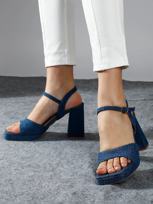 Slip-on sandals for men with flexible fit and soft footbed for comfort-Women Navy Open Toe Suede Block Heels With Buckle Detail