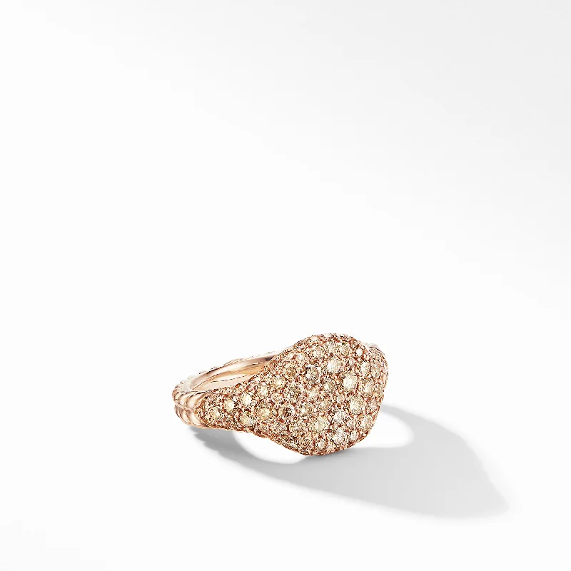 Rings with topaz stones for icy blue -Mini Chevron Pinky Ring in 18K Rose Gold with Pavé Cognac Diamonds, Size 4