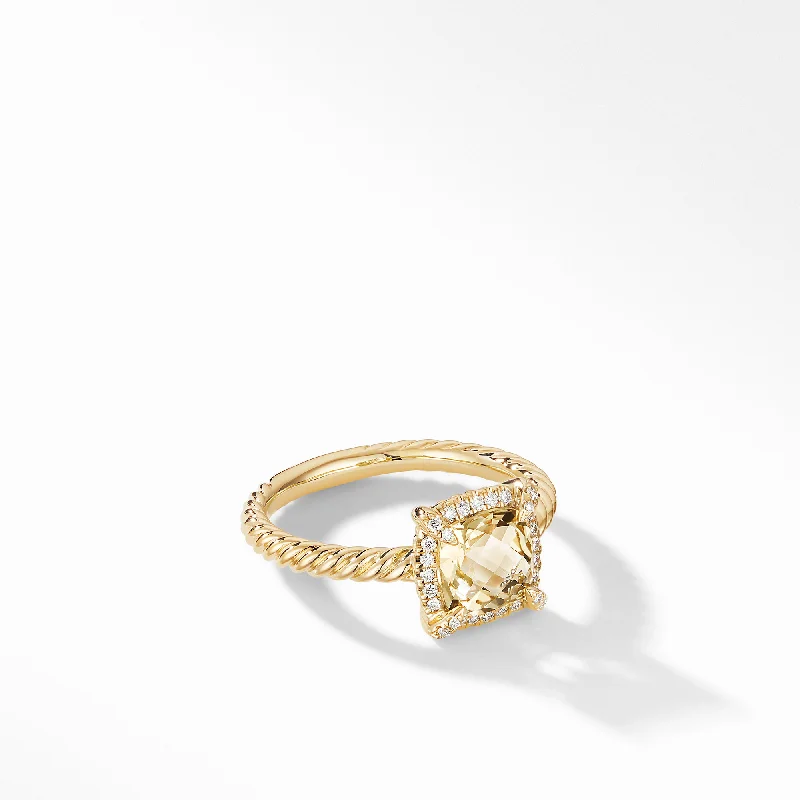 Rings with tiger eye bands for warmth -Châtelaine® Pavé Bezel Ring in 18K Yellow Gold with Champagne Citrine, Size 7