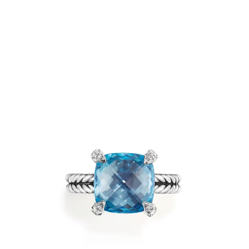 Rings with vintage-inspired rose-cut diamonds -Châtelaine® Ring with Blue Topaz and Diamonds, 11mm, Size 8