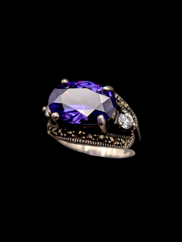 Rings with polished jade for smooth calm -Vintage Simulated Amethyst, Diamond and Marcasite Silver Costume Ring