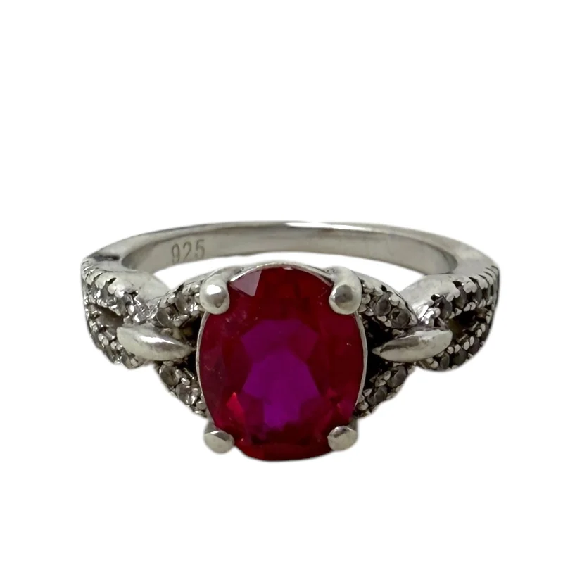 Stackable rings with mixed metal finishes -Red & Clear Stone Sterling Silver Ring By Unbranded, Size: 6