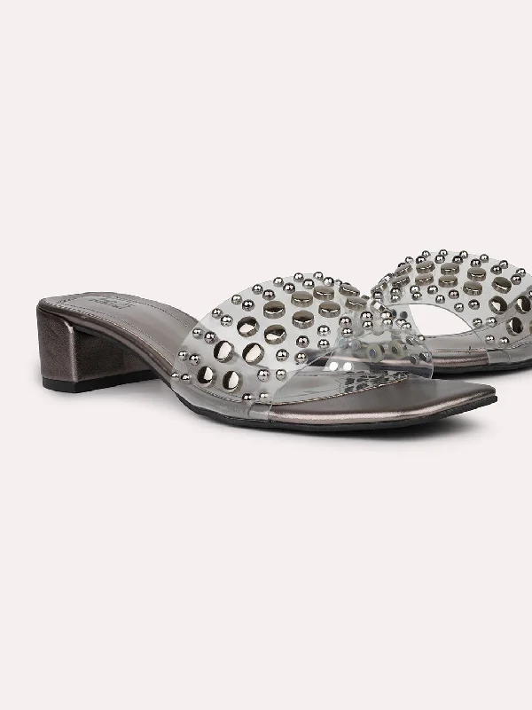 Casual sandals for men with open-toe design and soft leather upper-Women Pewter Studded Embellished Open Toe Block Heels