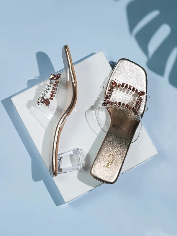 Trendy sandals for men with suede straps and minimalistic design for everyday wear-Women Rose Gold-Toned Embellished Transparent Block Heels