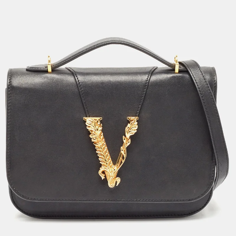 Handle bags with bohemian tassel embellishments -Versace Black Leather Virtus Shoulder Bag