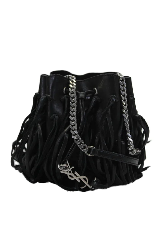 Handle bags with inner compartments for essentials -Saint Laurent Womens Single Strap Micro Mini Fringe Bucket Handbag Black Leather