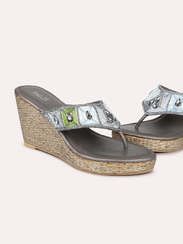 High-heeled sandals for women with wedge design and stylish straps-Women Pewter Embellished Ethnic Wedge Heels