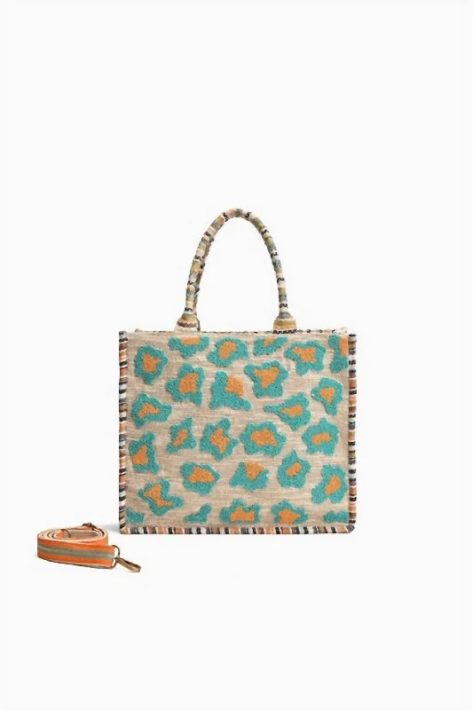 Handle bags with floral embroidery for detail -Women's Wild Leopard Day Tote Bag In Teal