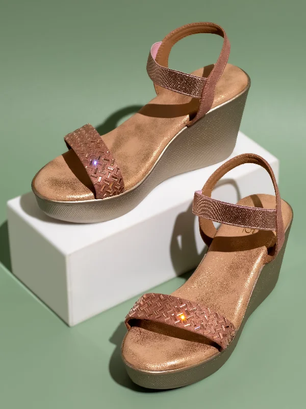 Waterproof sandals for men with durable straps and slip-resistant soles-Women Rose Gold Embellished Wedge Heels