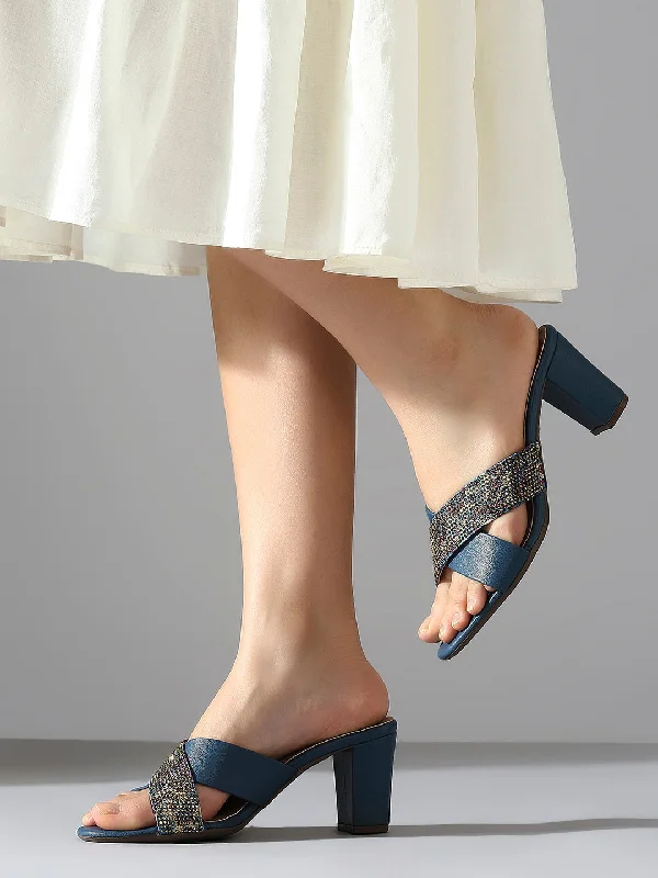 Casual sandals for women with cork footbed and supportive straps for comfort-Women Blue-Coloured Embellished Cross Strap Party Block Heels