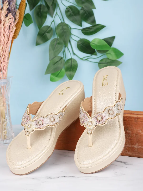 Casual sandals for women with bohemian-style straps and flat sole for comfort-Women Gold-Toned Embellished Ethnic Wedge Heels