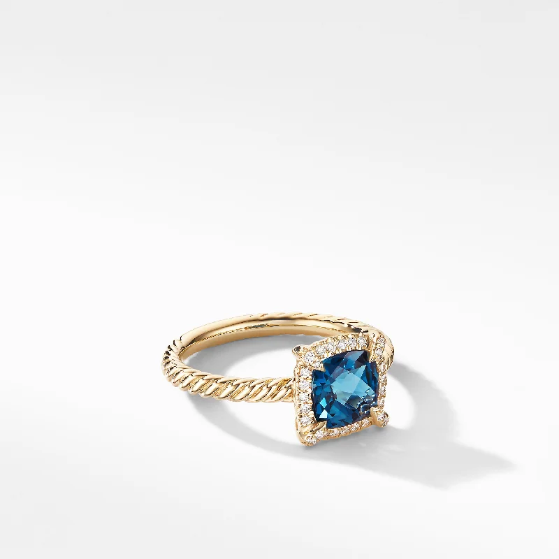 Rings with claw-set moonstone for mystique -Petite Châtelaine® Pavé Bezel Ring in 18K Yellow Gold with Hampton Blue Topaz, Size 7