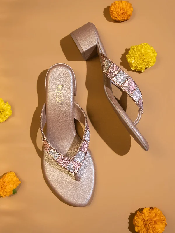 Stylish sandals for women with thick straps and chic buckle details for casual outfits-Women Rose Gold Embellished Ethnic Block Heels