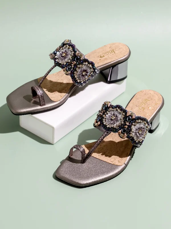 Trendy sandals for women with buckle closure and vibrant color options-Women Pewter Ethnic Embellished One-Toe Block Heels