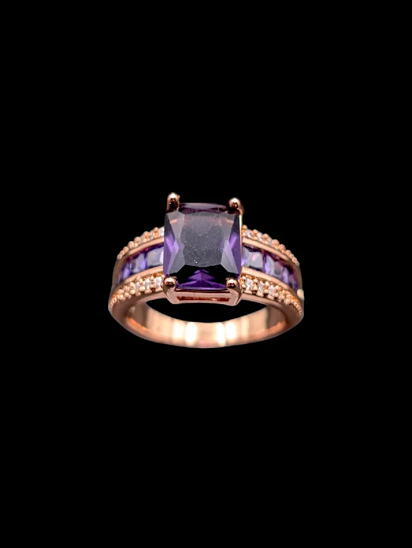 Rings with double bands for modern twist -Vintage Simulated Amethyst Rose Gold Toned Costume Ring