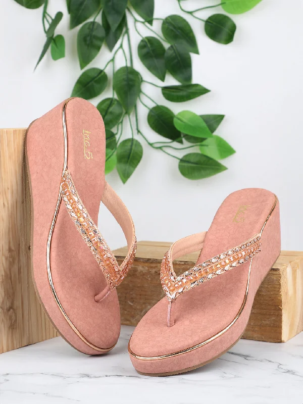 High-heeled sandals for women with platform design and stylish open-toe feature-Women Rose Gold-Toned Embellished Wedge Heels