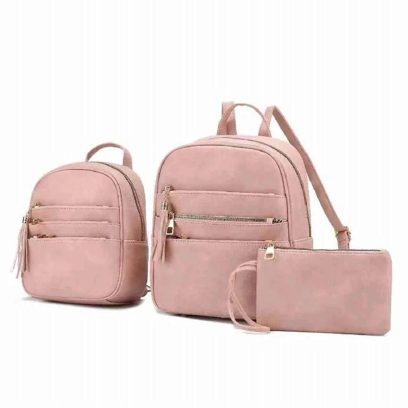 Handle bags with sturdy leather grip accents -Woemn's Roxanne Vegan Leather Backpack Set Of 3 In Blush