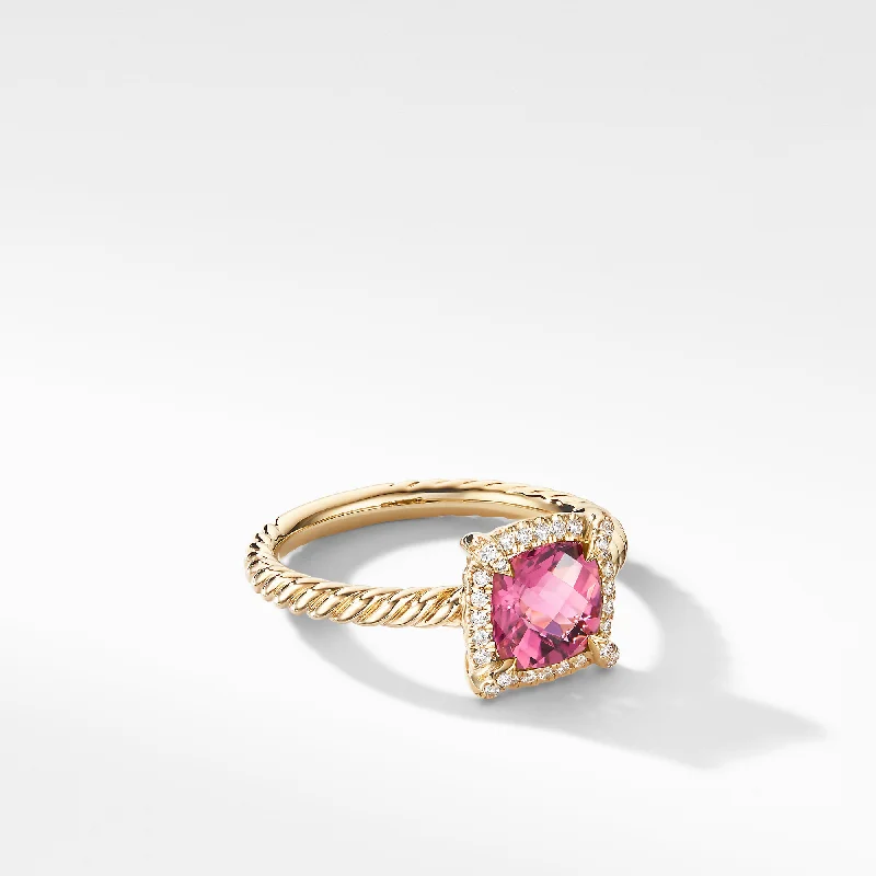 Rings with etched floral bands for detail -Petite Châtelaine® Pavé Bezel Ring in 18K Yellow Gold with Pink Tourmaline, Size 7