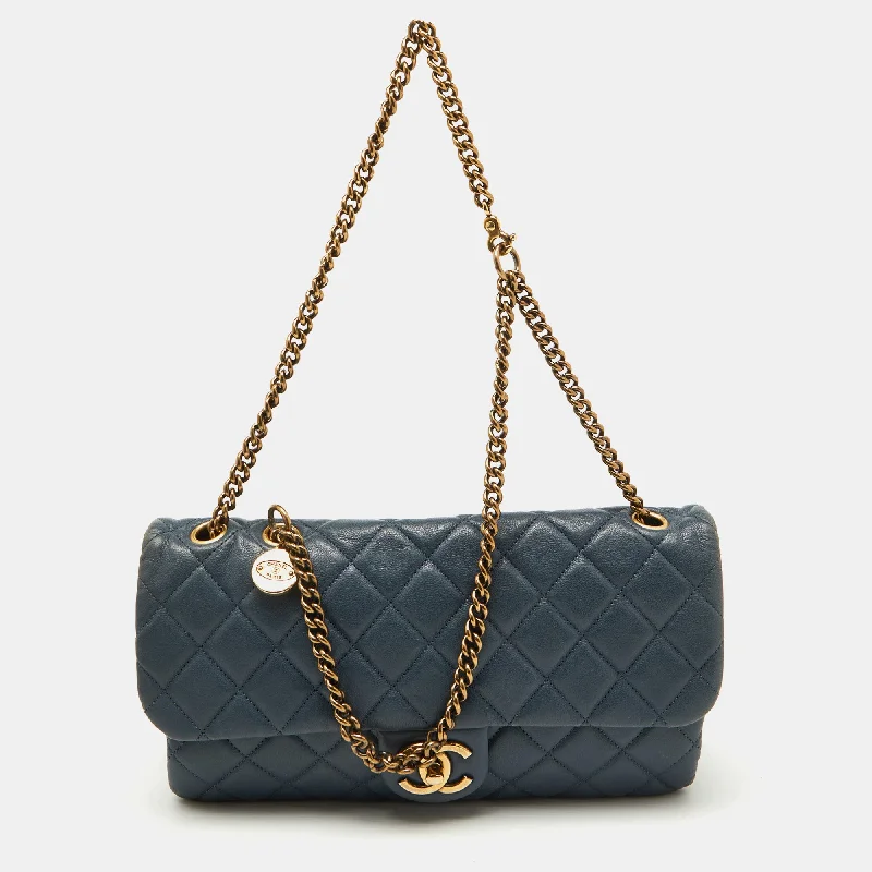 Handle bags with side pockets for organization -Chanel Blue Quilted Leather Cc Crown Flap Bag