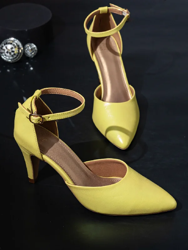 Comfortable sandals for women with contoured footbed and easy-to-adjust straps-Women Yellow Pointed Toe Slim Heels With Ankle Loop