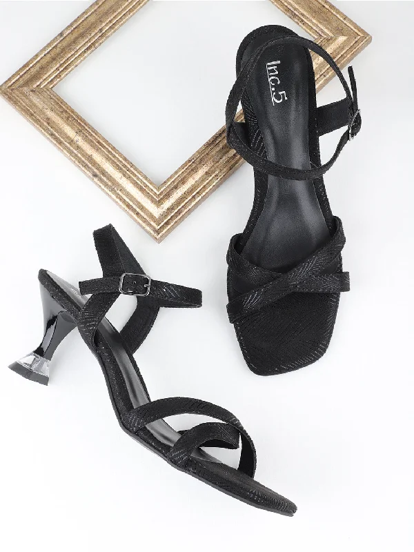 Comfortable sandals for women with elastic straps and lightweight construction for ease-Women Black Buckle Closure Metallic Printed Kitten Heels