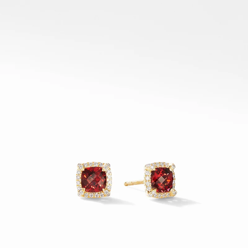 Rings with matte gold for subtle luxury -Petite Châtelaine® Pavé Bezel Stud Earring in 18K Yellow Gold with Garnet