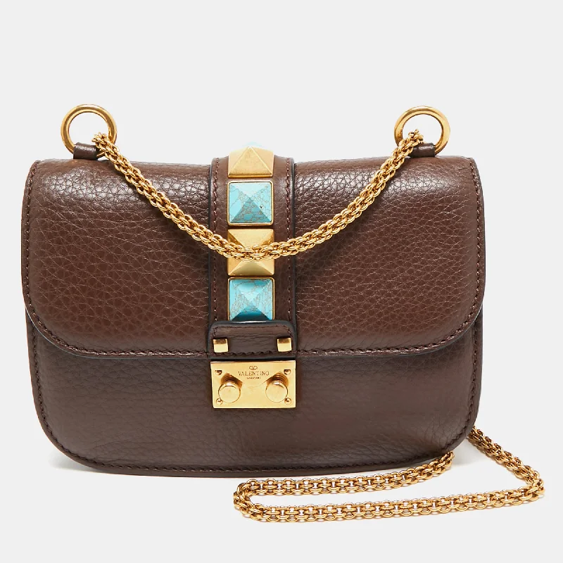 Handle bags with playful patterns for fun -Valentino Brown Leather Small Rolling Rockstud Glam Lock Flap Bag