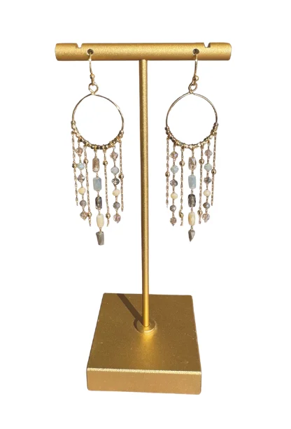 Chunky rings with hammered gold band texture -Glass Fringe Dangle Hoops